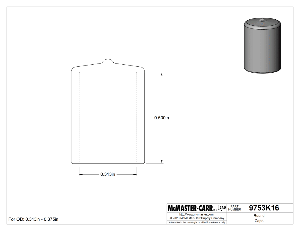 Technical Drawing of Round Caps, for 5/16" to 3/8" OD, 1/2" Inside Height, Black.